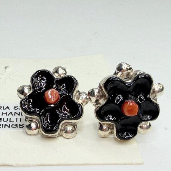 Item #902M- Vintage 40 Zuni Floria Shebala Sterling Enamel Floral Coral new Stud Earrings JR1335